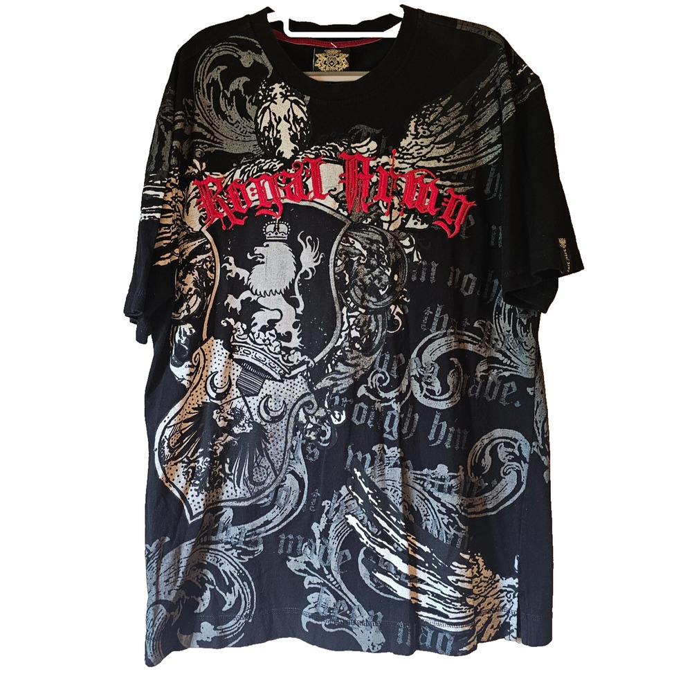 Royal Army Graphic T Shirt Black Embroidered Crest Gothic Streetwear Large